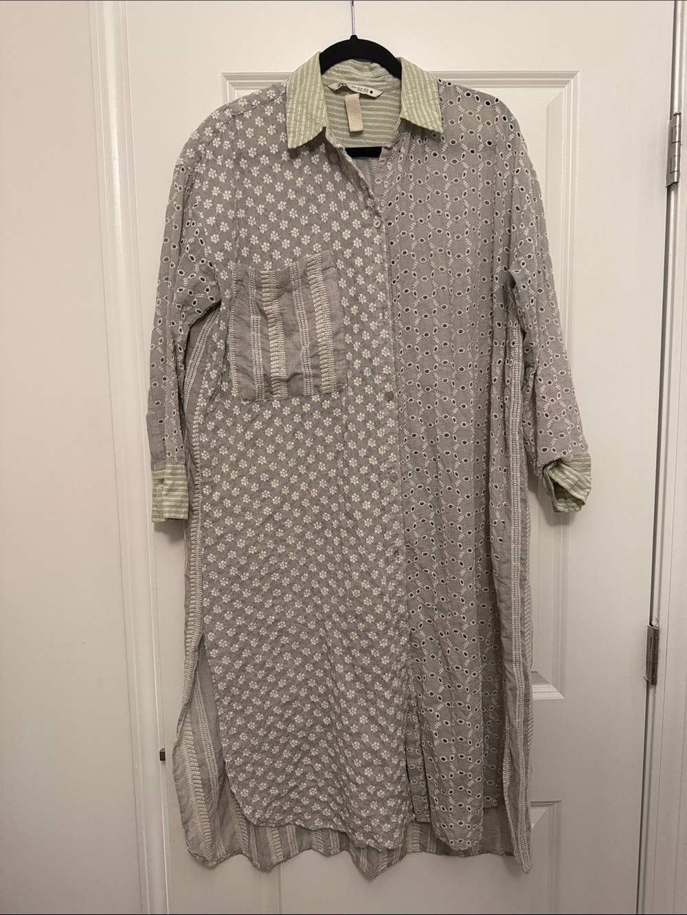 Zara Light Gray Maxi Shirt Dress with Mint Green Collar